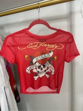 Ed Hardy Red Mesh LKS Skull Babydoll Tee